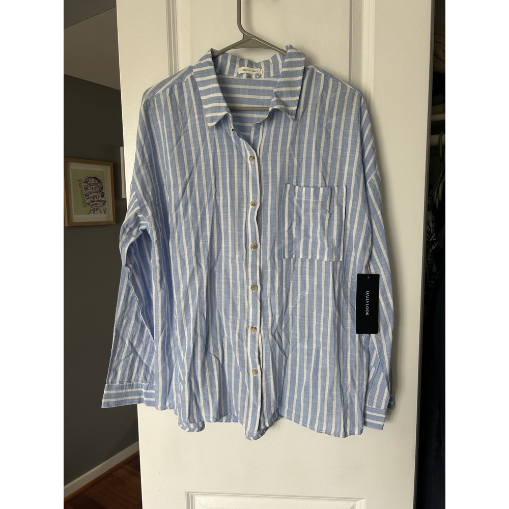NWT Olivia Grey Shirt Womens Blue White Striped Button Up Long Sleeve Top Sz XL